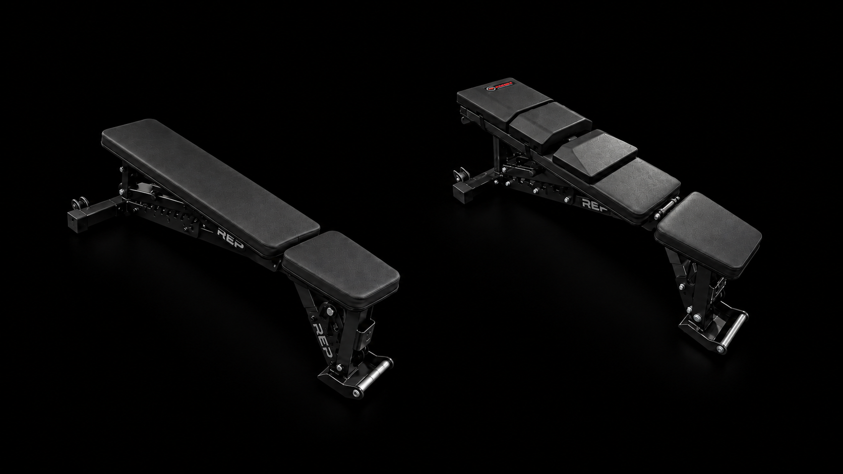 Side-by-side equipment comparison: a conventional adjustable bench set flat on the left and The Launch Pad deployed on an adjustable bench on the right, with matching metallic frame finishes.