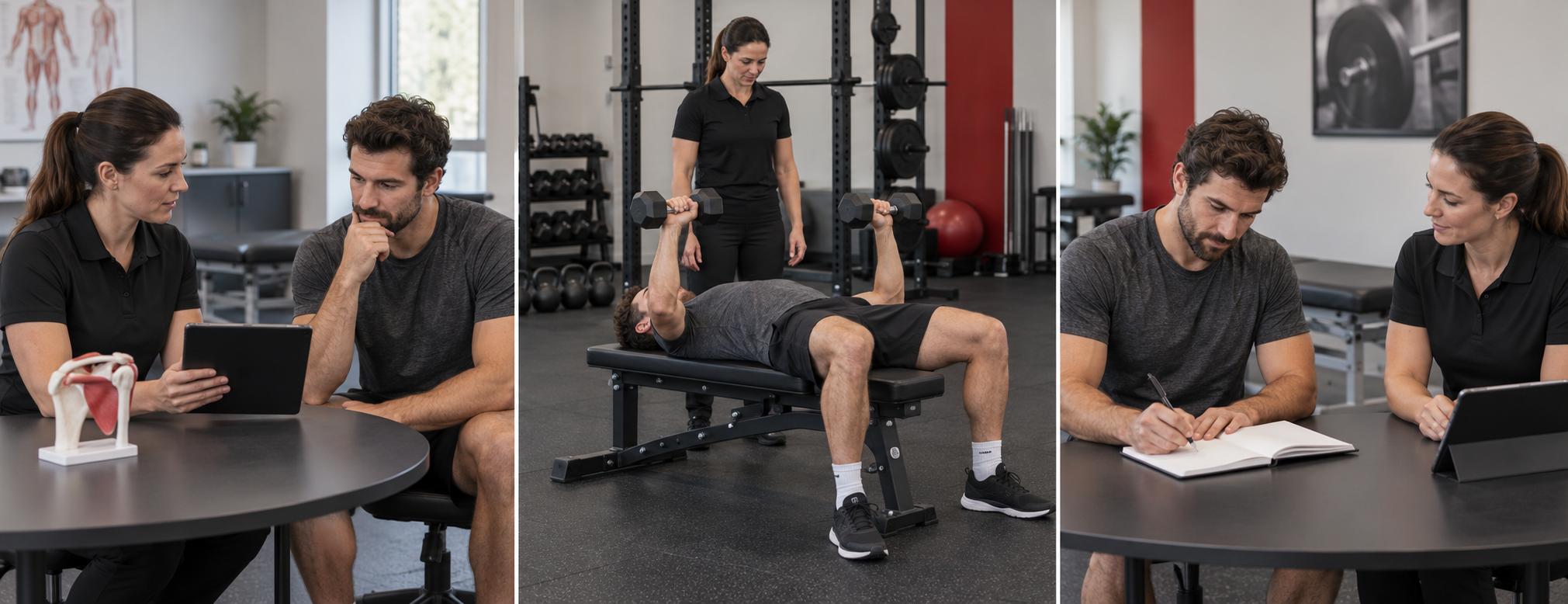 Illustrated clinical discussion, supervised light dumbbell pressing, and recording the response to the session.