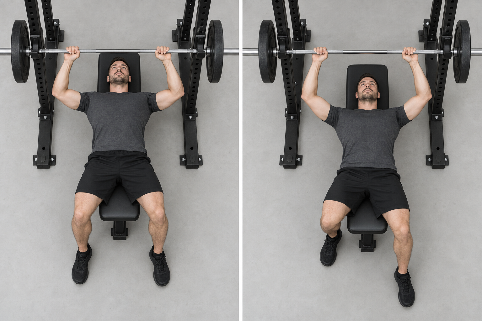 Two illustrative overhead setups with a racked bar: centered body and even foot placement on the left; a shifted torso and repositioned foot on the right.