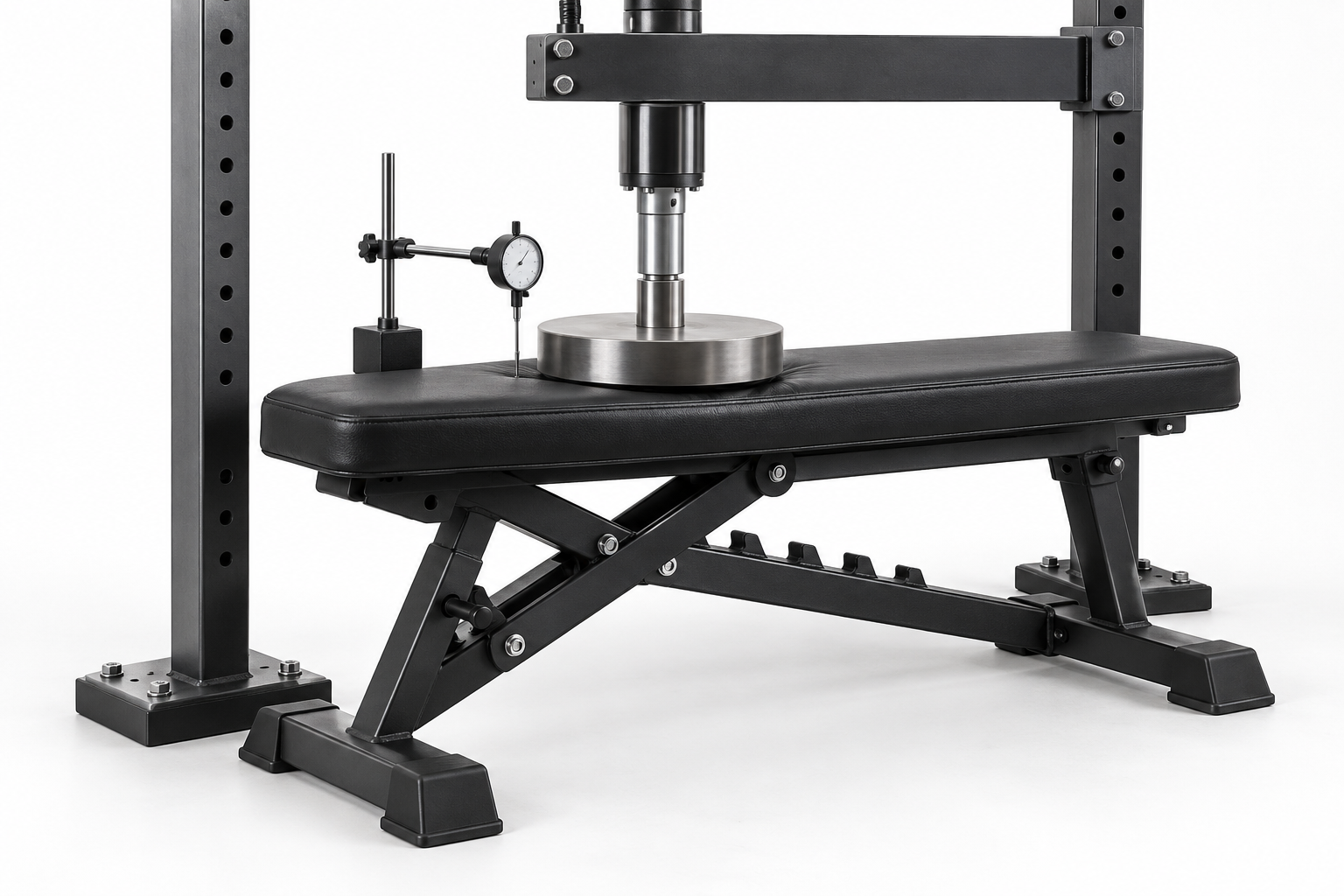 Illustrative compression test on a robust bench pad, with a loading platen and displacement indicator.