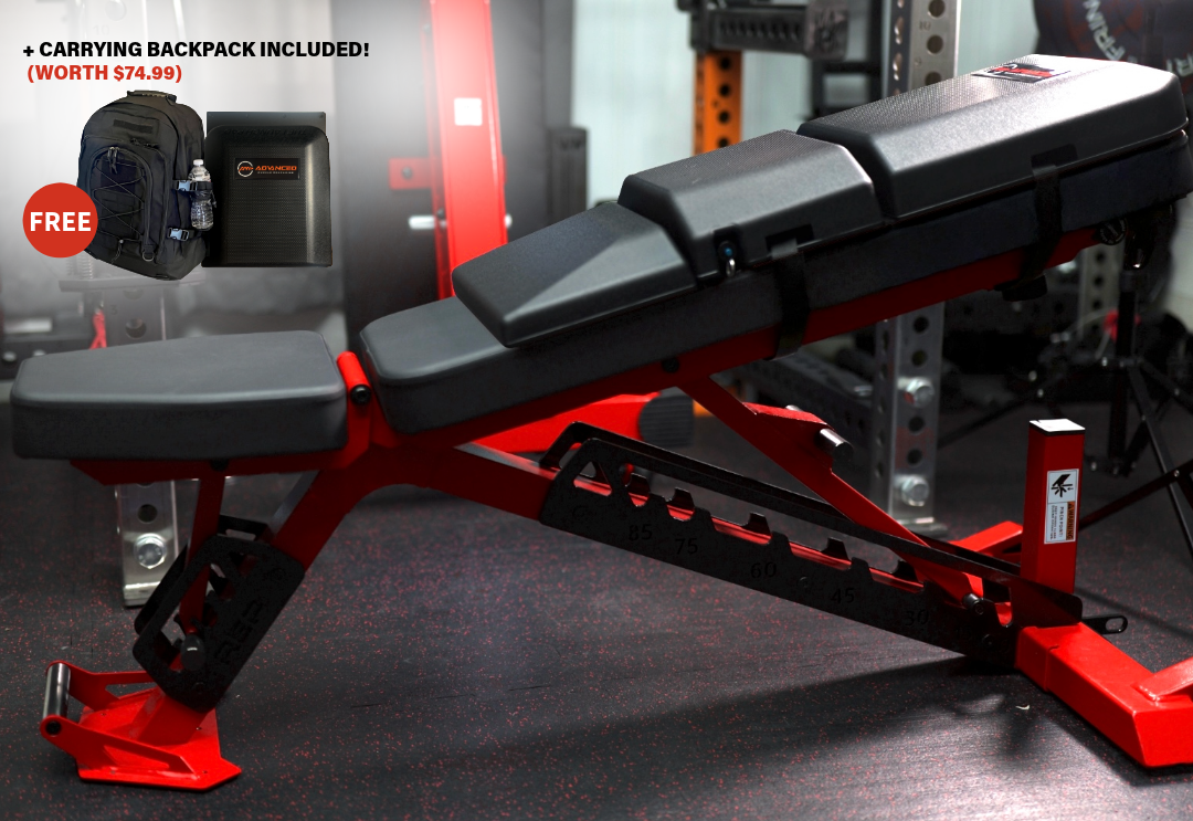 The Launch Pad® Gen II positioned on an incline bench with an inset image of the included carrying backpack.