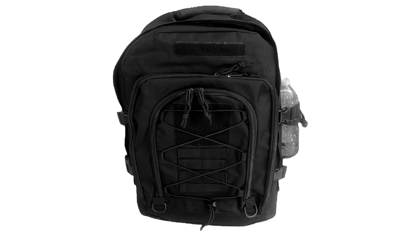 Front view of Advanced Muscle Mechanics tactical backpack, featuring a secure water bottle holder, heavy-duty zippers, and durable construction for all fitness gear needs.