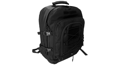 Side front view of Advanced Muscle Mechanics tactical backpack, featuring MOLLE attachments, durable construction, and spacious compartments for gym and outdoor gear.