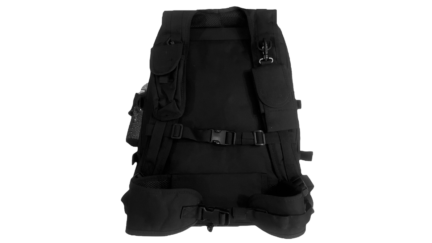 Back view of tactical backpack by Advanced Muscle Mechanics, featuring MOLLE attachments, breathable padding, and adjustable shoulder straps, chest support strap, and waist belt for ergonomic comfort.