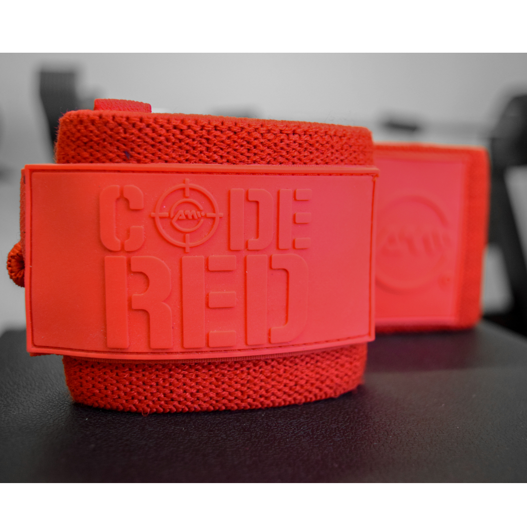 Advanced Muscle Mechanics Code Red Premium Wrist Wraps provide superior wrist support and durability, ideal for heavy lifting and strength training.