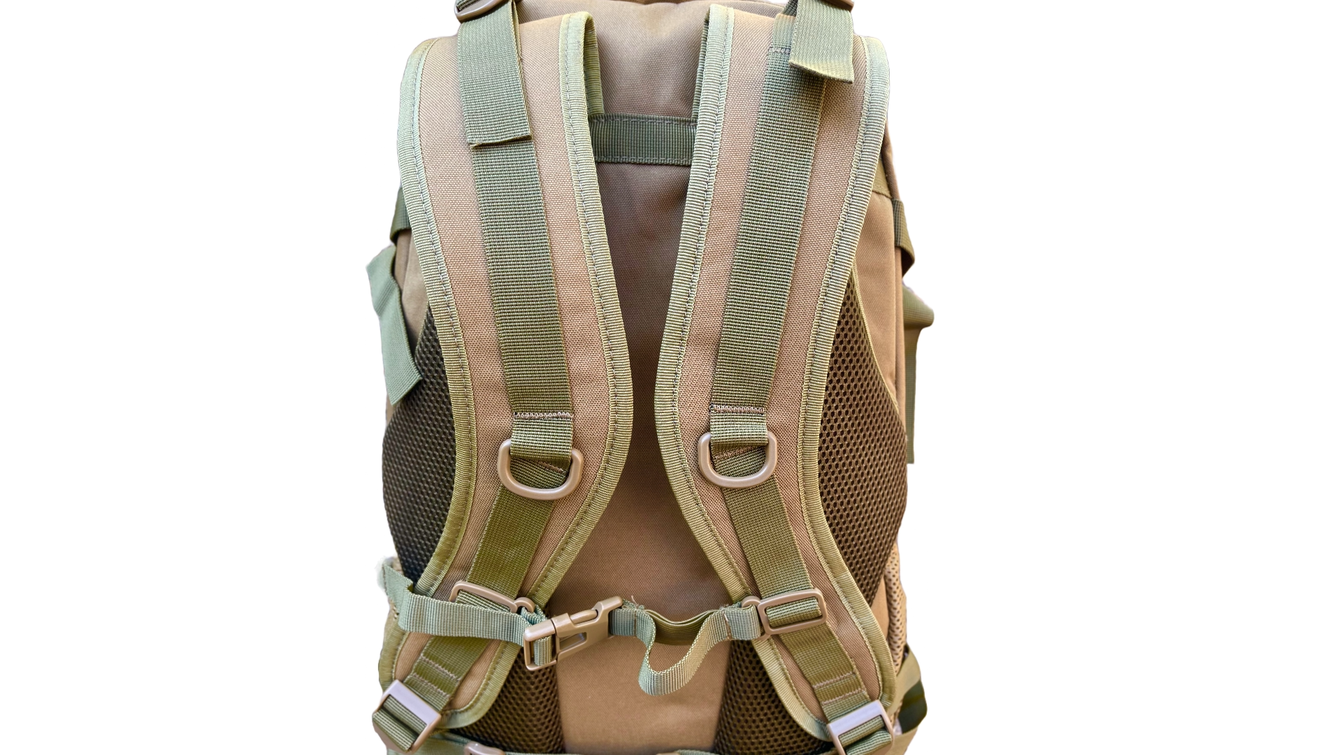 Back view of the unbranded tactical backpack showcasing the curved shoulder straps with breathable mesh padding and D-rings for enhanced comfort and load distribution.