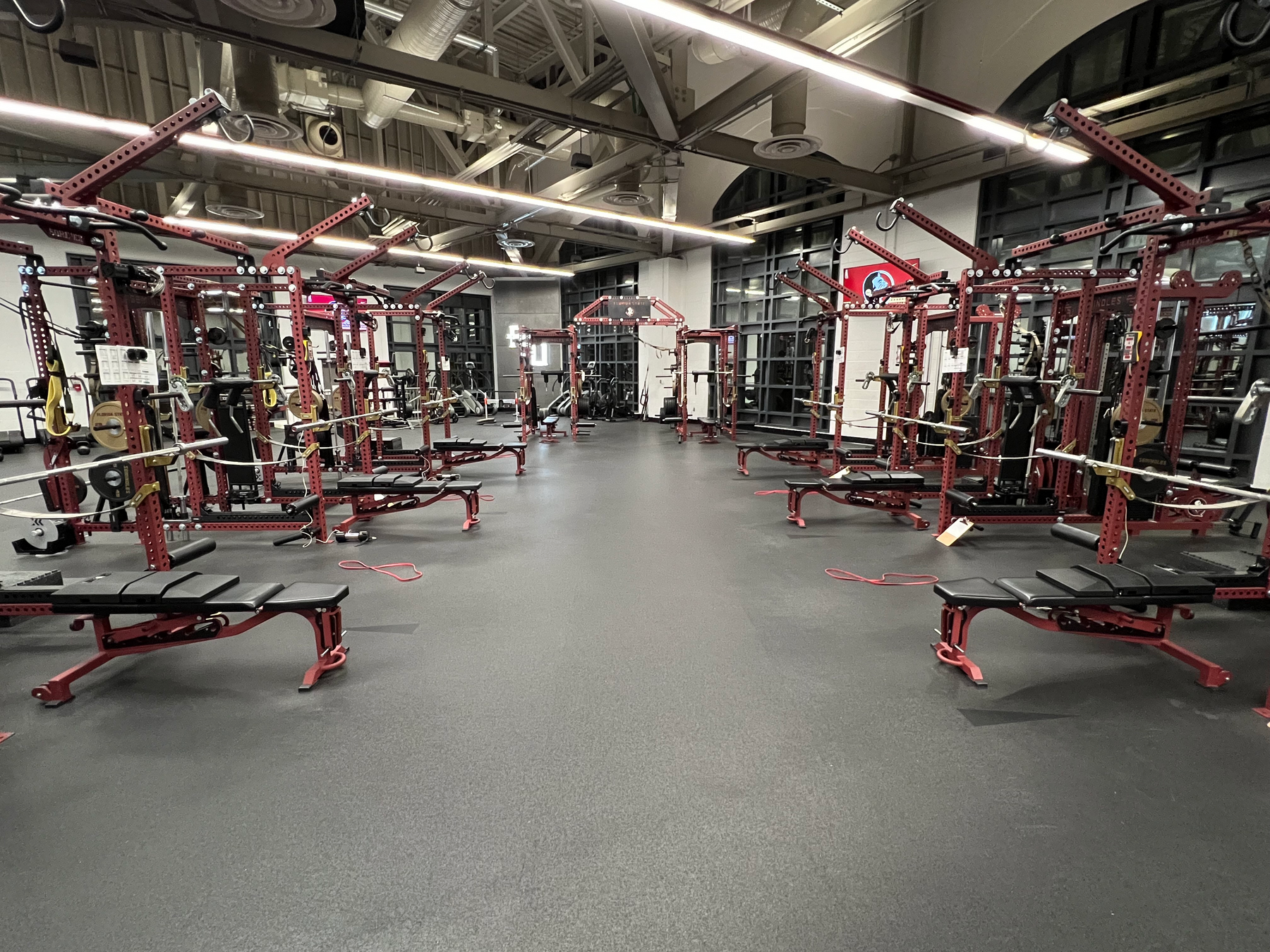 Launch Pad units installed across benches in a collegiate training facility