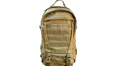 Detailed front view of unbranded tactical backpack featuring MOLLE webbing, mesh side pockets, and adjustable straps, ideal for the gym, outdoor adventures, tactical use, and gear organization.