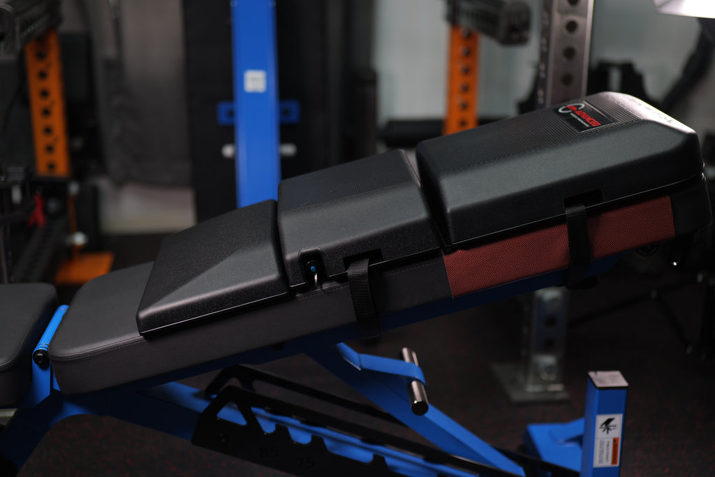 Side profile of Launch Pad Gen II on incline bench improving shoulder positioning, stability, and pressing performance,