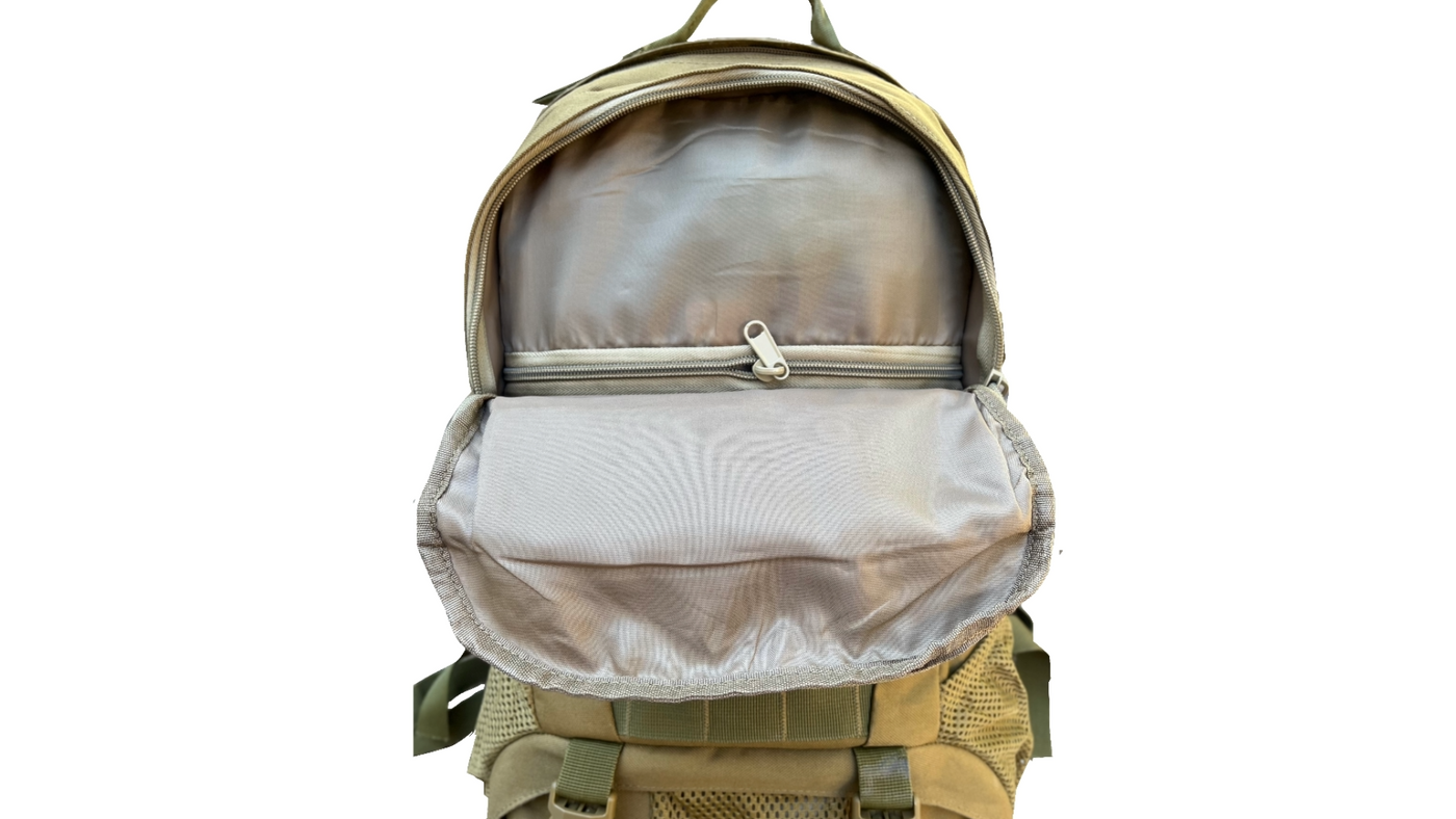 View of the open front compartment on the unbranded tactical backpack, featuring an interior zipper pocket and spacious storage for organized gear access.