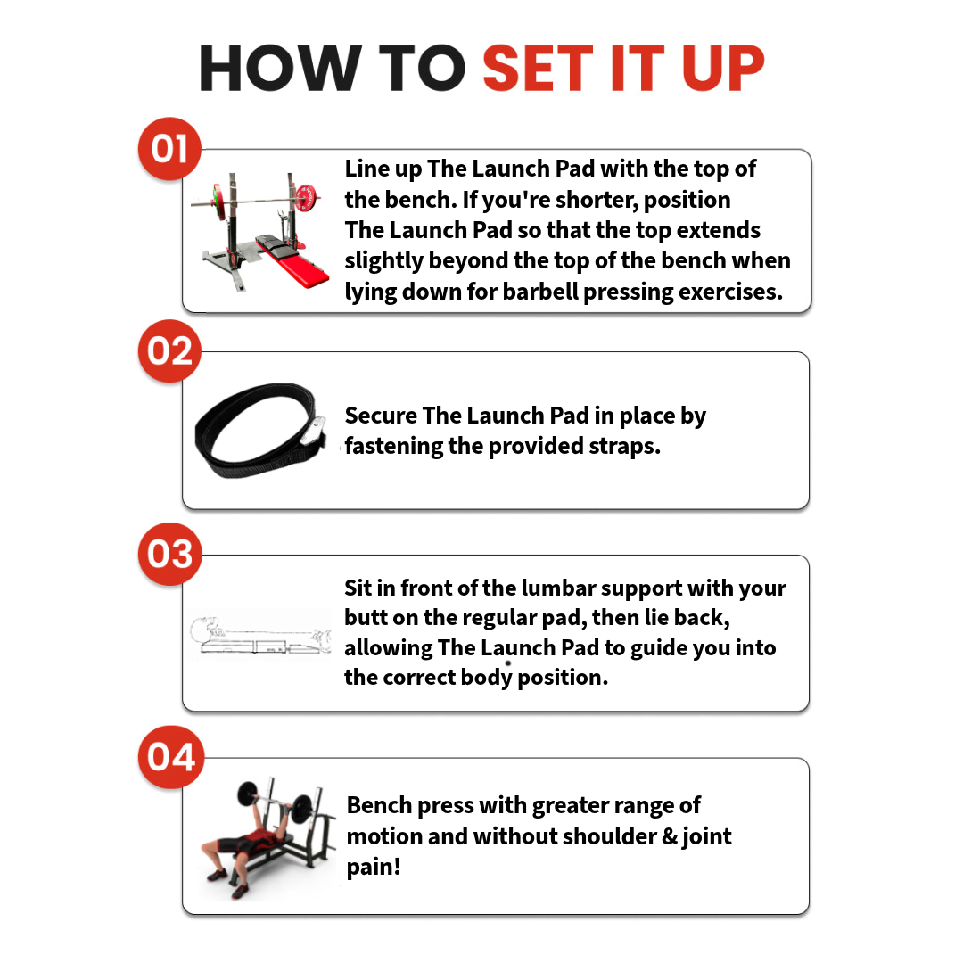 Step-by-step instructions for setting up the Advanced Muscle Mechanics Launch Pad™, detailing proper bench alignment, strap securing, and body positioning for optimized bench pressing.