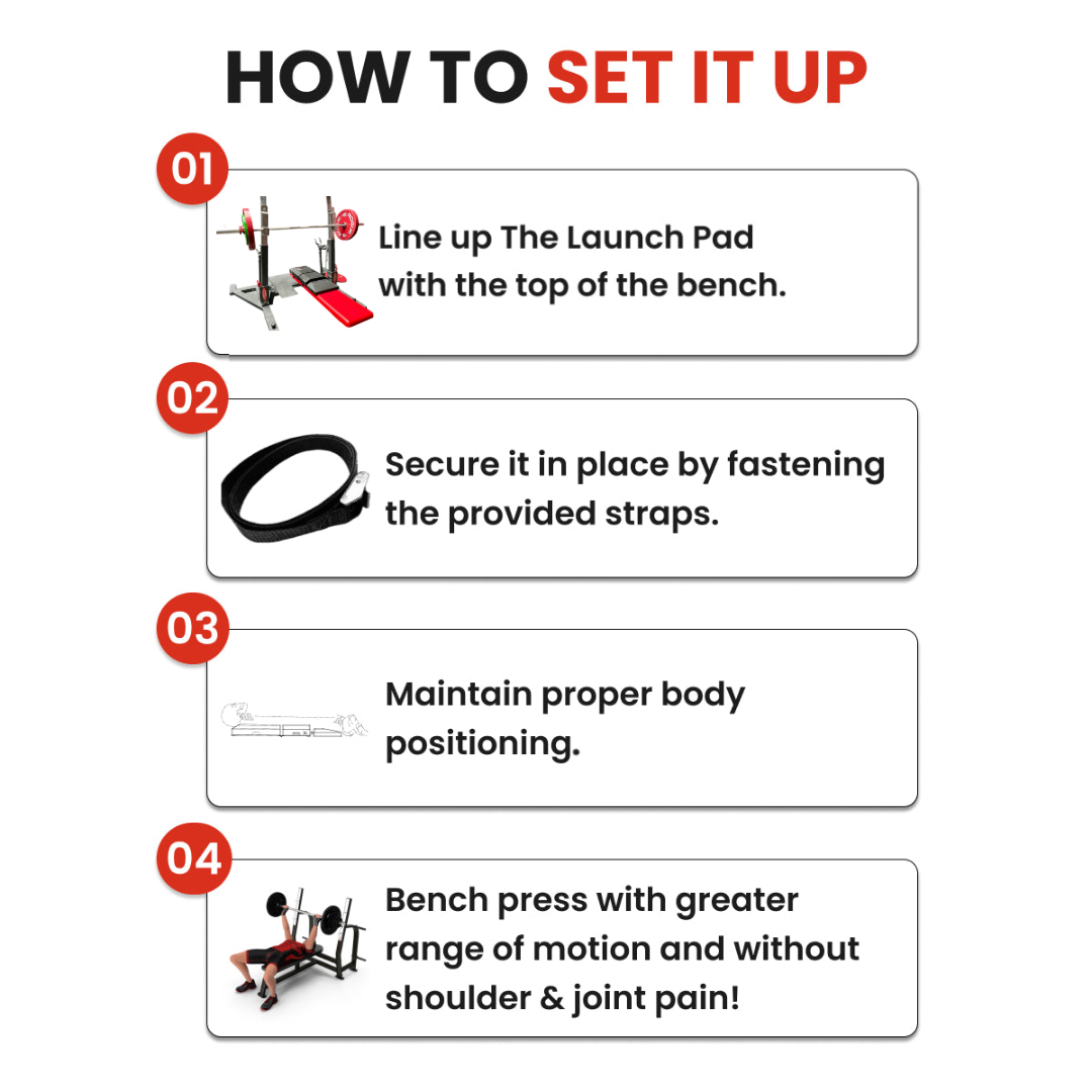 Step-by-step guide to setting up The Launch Pad™ for optimal bench press form, enhanced range of motion, and joint-friendly workouts.