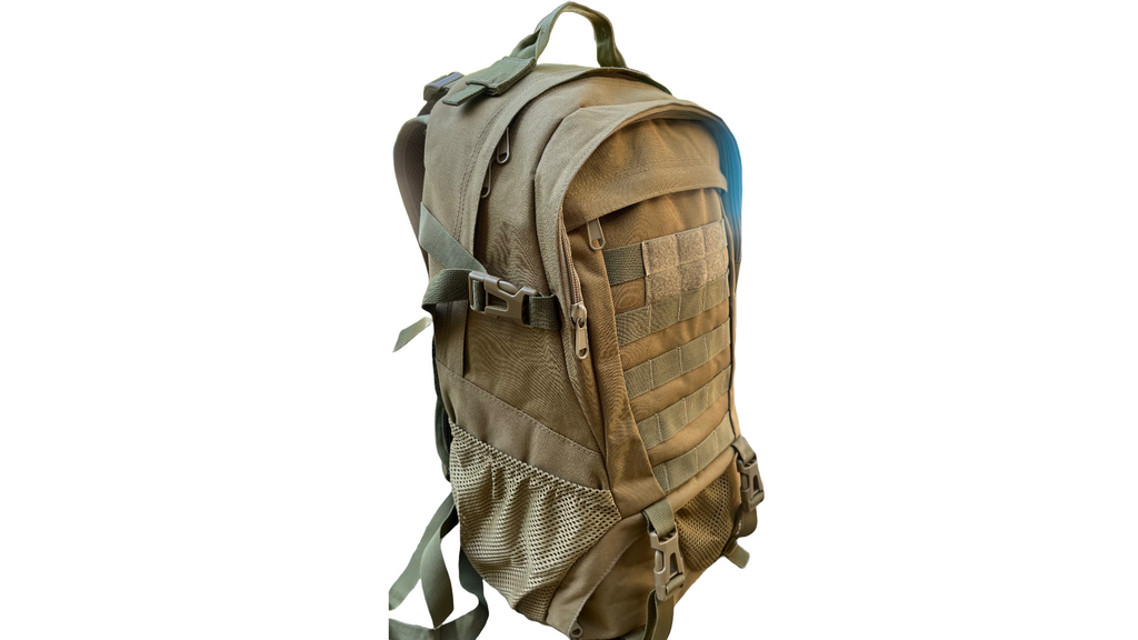 Military tan unbranded tactical backpack with MOLLE webbing, side mesh pockets, and adjustable straps, designed for tactical and rugged outdoor use.