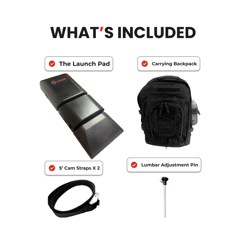 Every Launch Pad® purchase includes the Launch Pad® unit, a tactical carrying backpack, two 5-foot cam straps, and a lumbar adjustment pin—everything you need for secure setup and versatile training support.