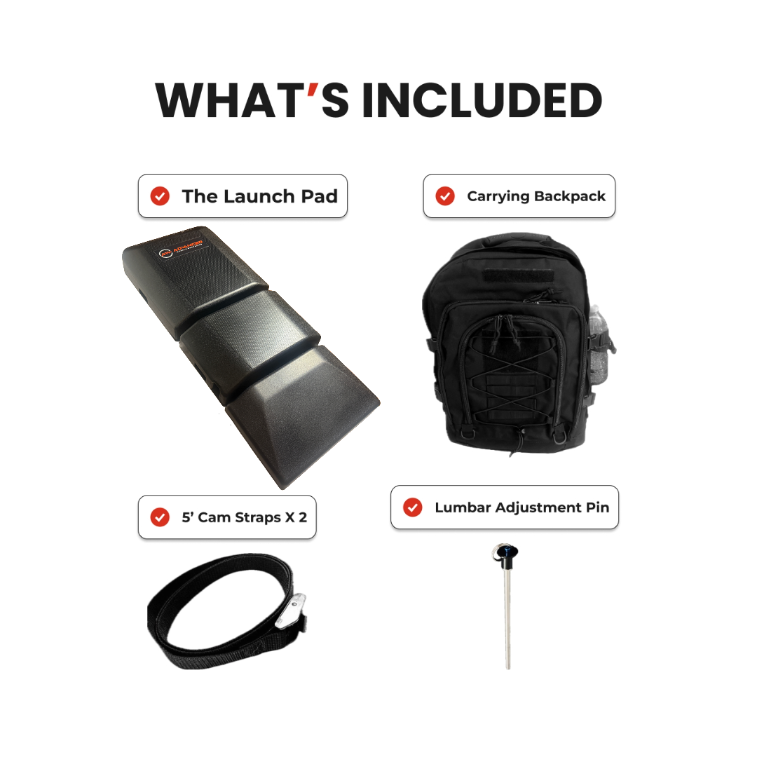 Package contents: The Launch Pad®, tactical carrying backpack, two 5-foot cam straps, and lumbar adjustment pin.