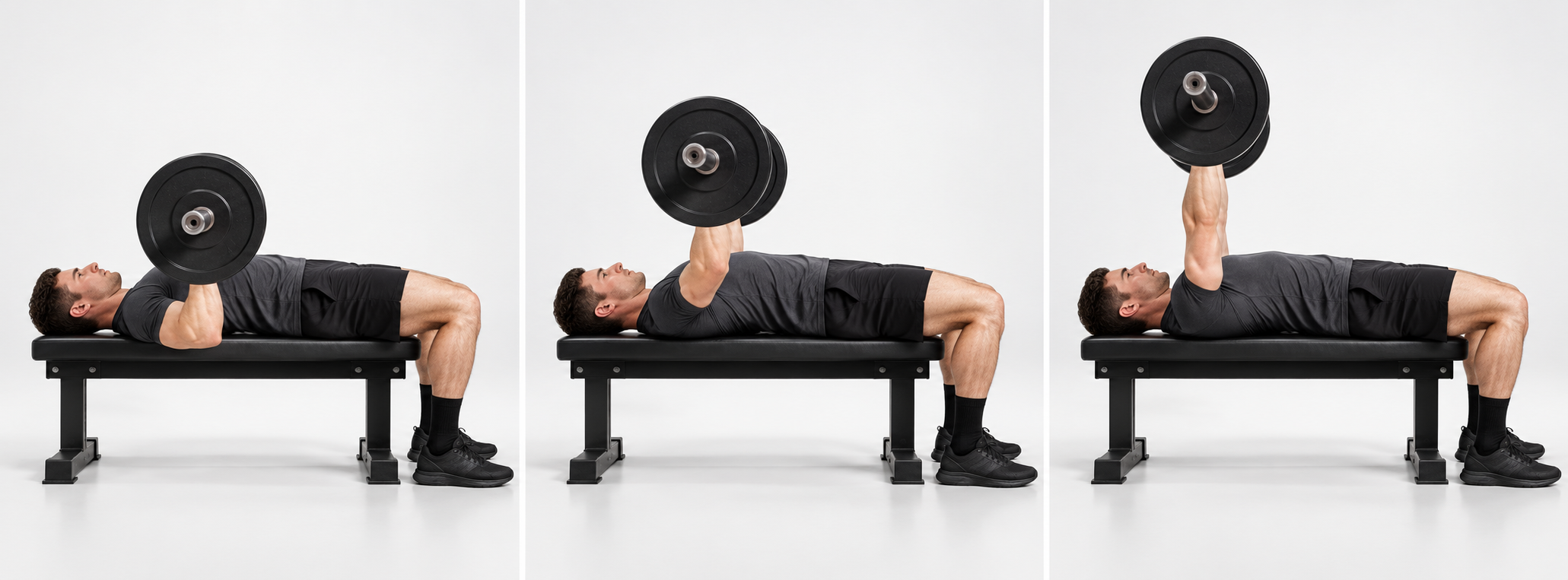 Illustrative bench press position with the bar near the lower chest.