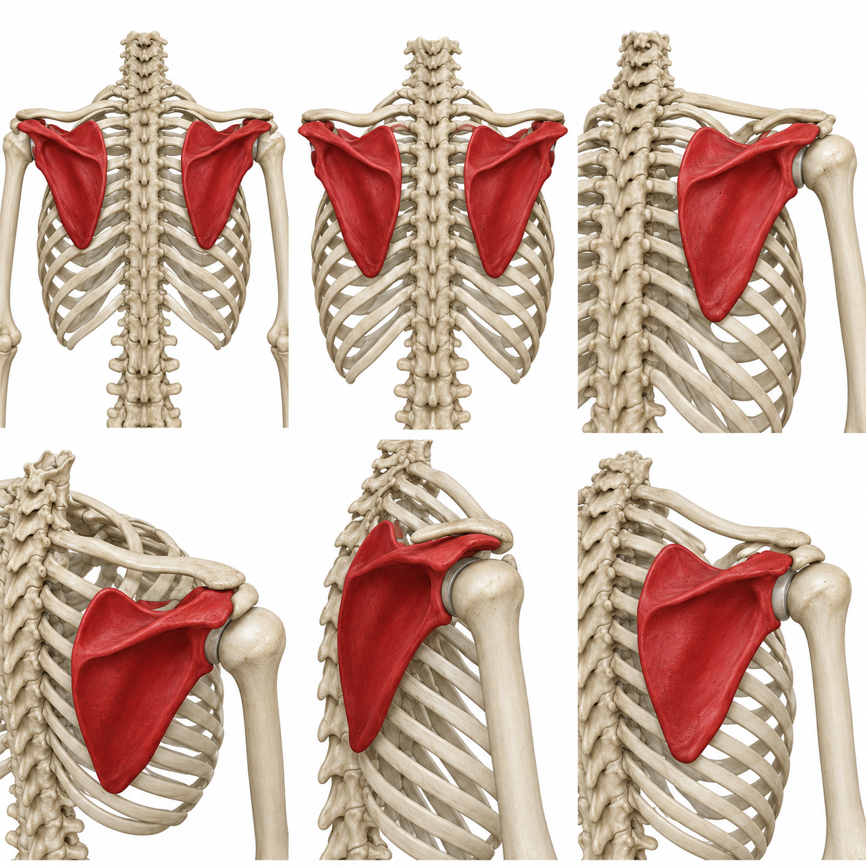 Shoulder bones with the scapula highlighted in red; posterior view.