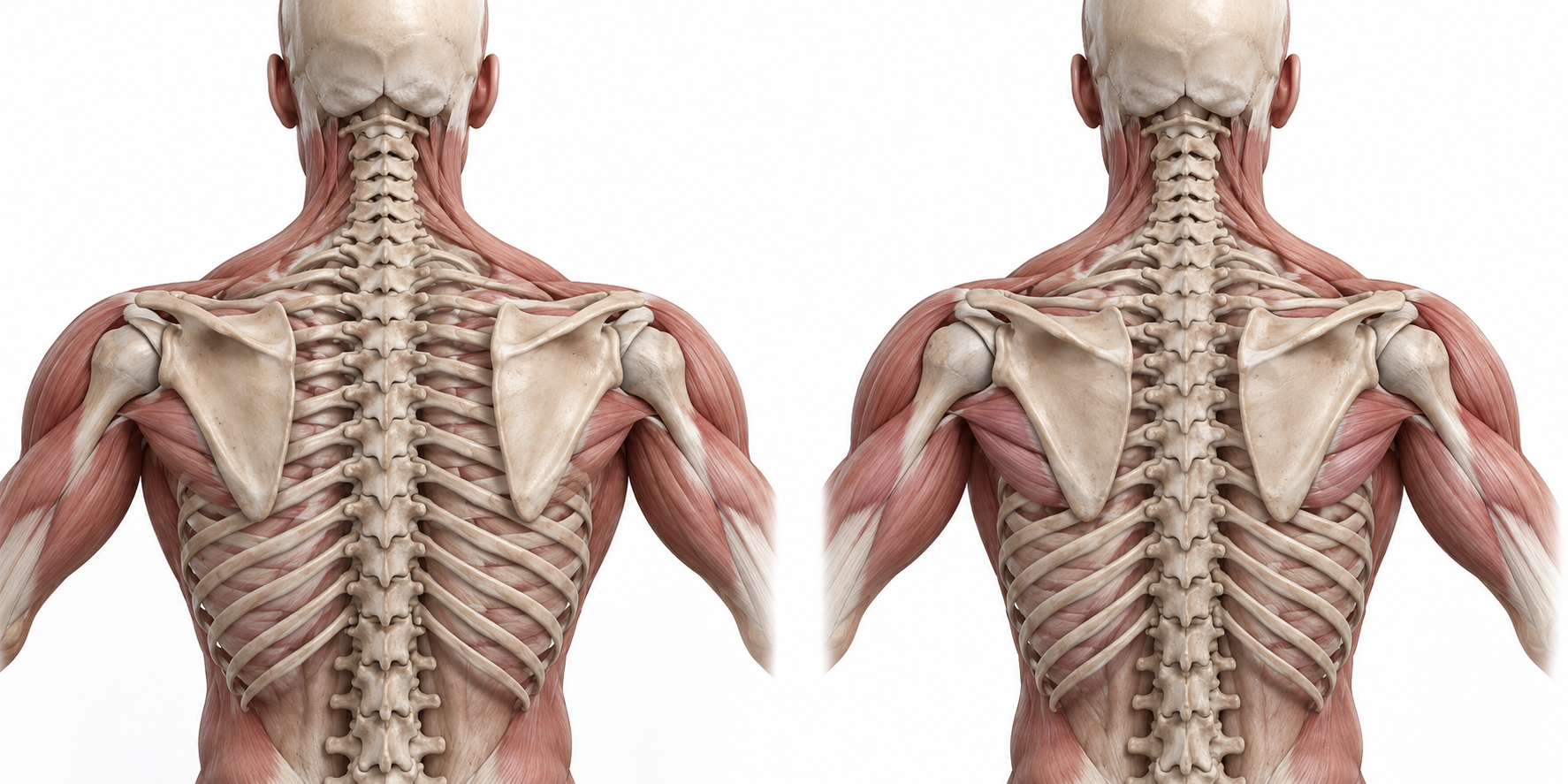 Posterior anatomical illustration of protraction, with the shoulder blades farther from the spine.