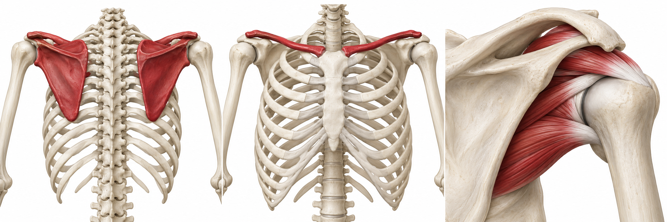 Posterior view of shoulder anatomy, emphasizing scapula on the thorax.