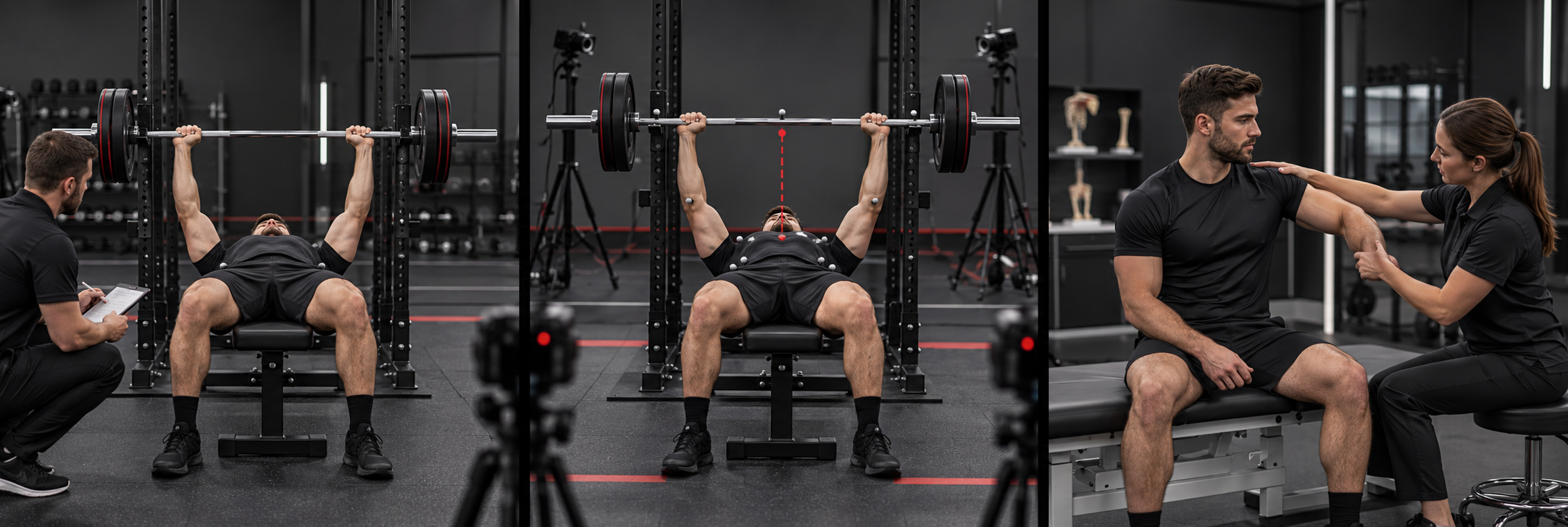 Three-panel illustration of a standardized bench-press setup, motion-capture recording during the press, and a clinician examining the athlete's shoulder.