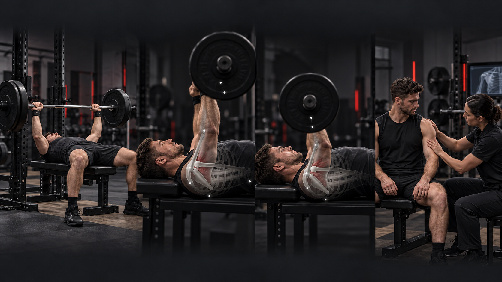 Four-panel explanatory montage showing a lifter bench pressing, neutral biomechanical views of the shoulder and bar, and a clinician assessing the athlete's shoulder.