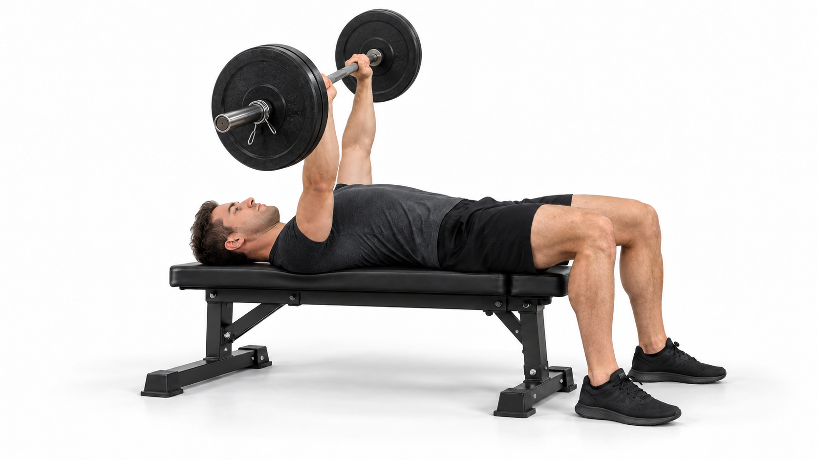 Illustrated side view of a lifter pressing a barbell on a flat bench, with head, upper back and buttocks supported and both feet planted on the floor.