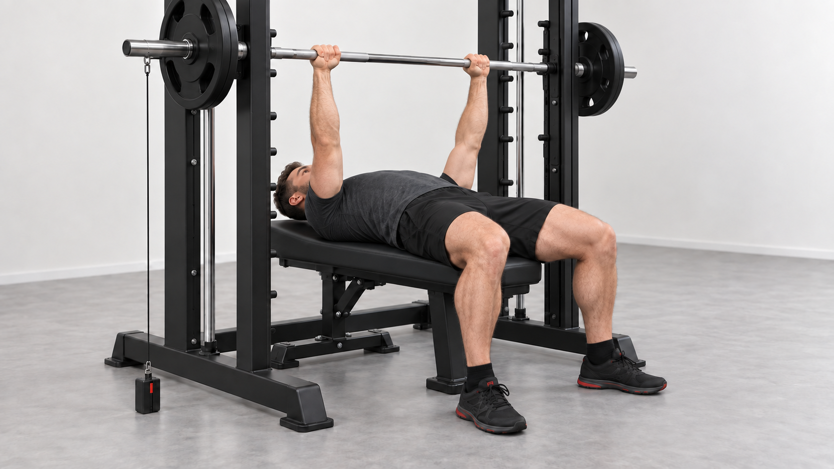 Realistic illustration of a Smith-machine bench press with a floor-mounted linear position transducer measuring bar travel.