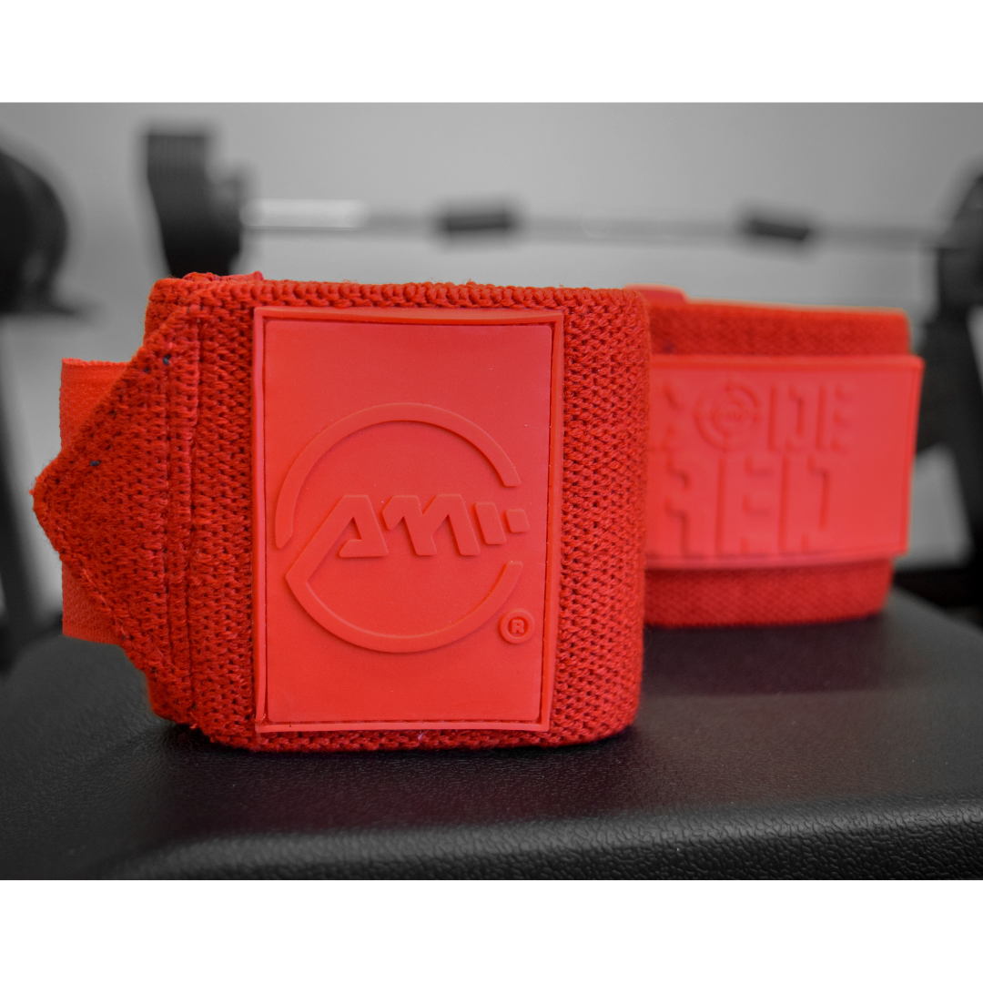 High-performance Code Red premium wrist wraps from Advanced Muscle Mechanics, offering maximum support and comfort for intense weightlifting sessions.